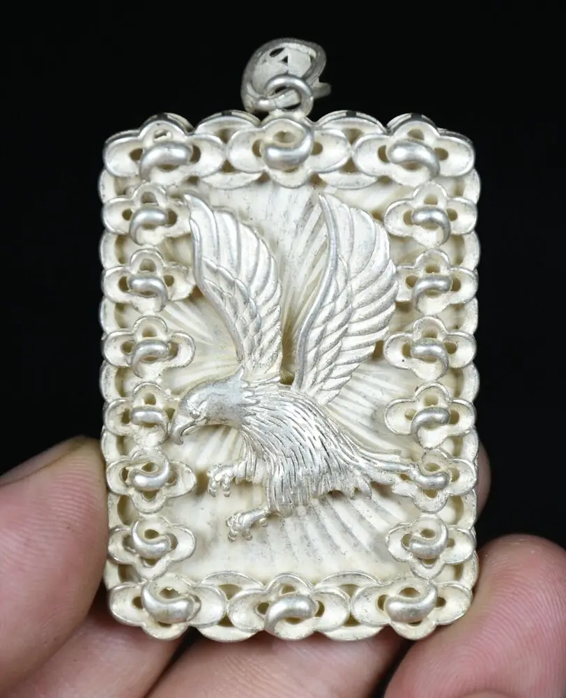 

6CM Old China Miao Silver Feng Shui Fortune Eagle Jewelry Necklace Pendant