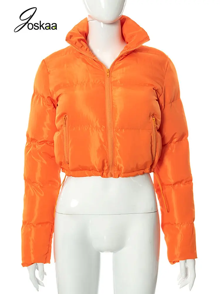 Joskaa Solid Color Stand Collar Long Sleeve Winter Jacket Women Casual Zip Up Drawstring Parkas 2022 Female Slim Coat Streetwear
