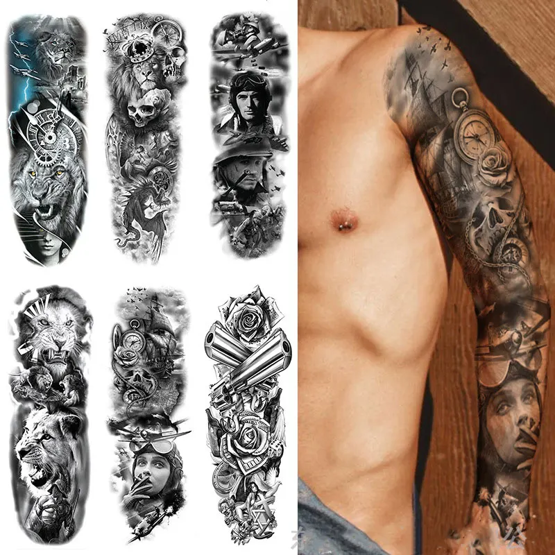

Large Arm Sleeve Tattoo Stickers Tiger Skull Lion Body Art Waterproof Temporary Tattoo Sticker for Men Women Fake Tatto Stencil