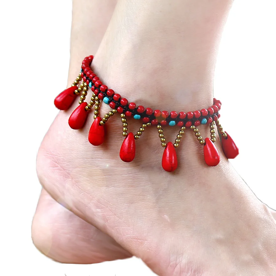 

Best selling bohemian style turquoise drop beaded women's anklet retro personality pendant tennis anklet