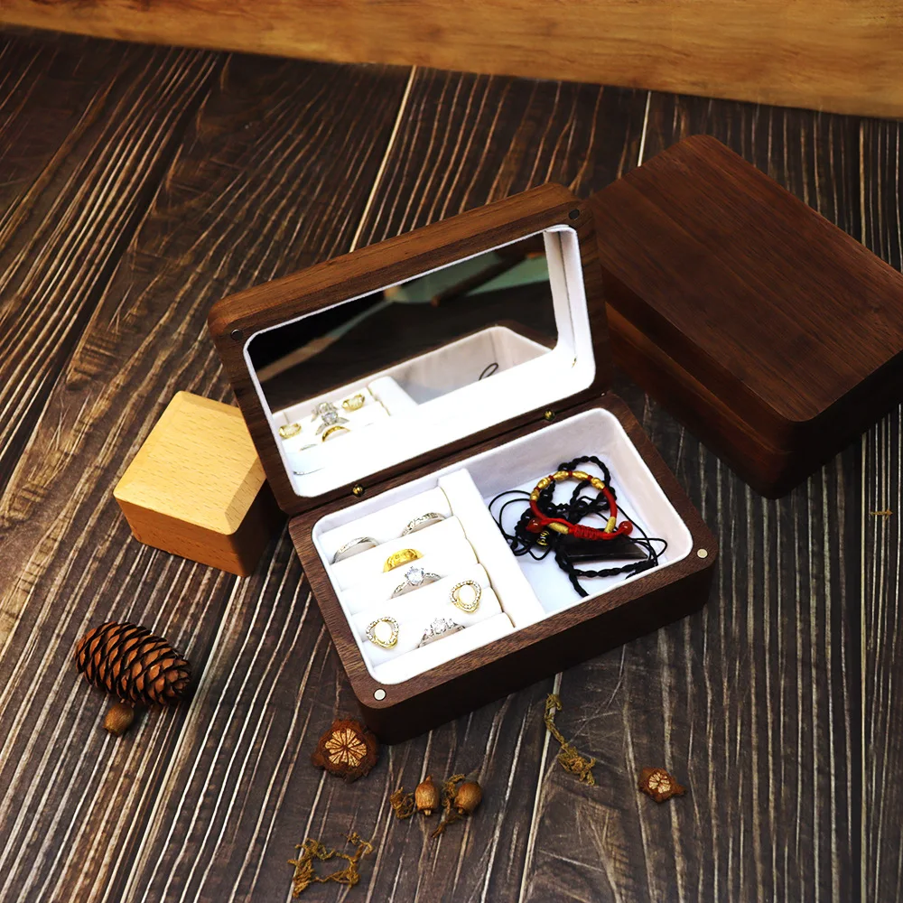 Personalized Name Date Black Walnut Wooden Jewelry Storage Ring Necklace Stud Earrings with Mirror Packaging Display Gift Box