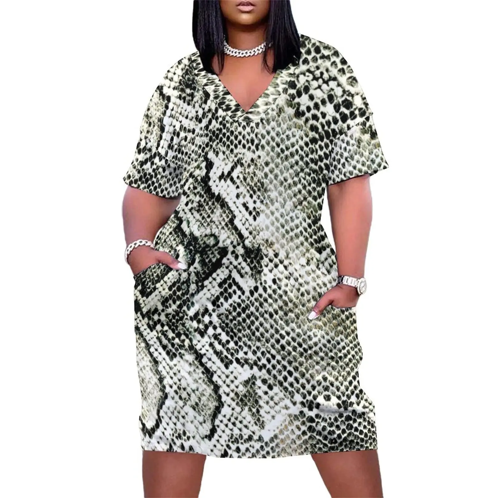 Trendy Snakeskin Dress Short Sleeve White Snake Print Elegant Dresses Women Street Fashion Casual Dress With Pockets Plus Size