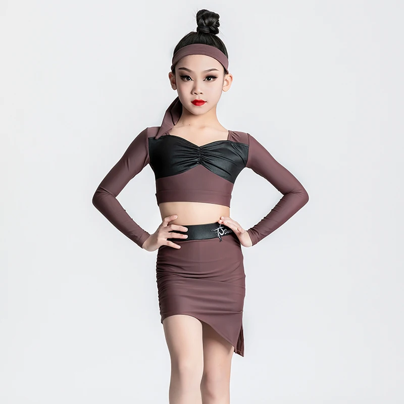 

Kids Latin Dance Costume Long Sleeves Latin Tops Skirts For Girls Latin Dance Clothes Stage Performance Practice Wear SL8096