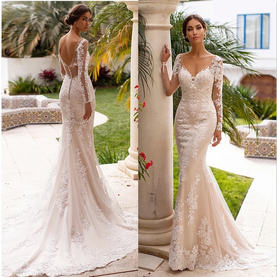 

Sexy 2023 Lace Appliqué Mermaid Wedding Dresses For Women Long Sleeve V-Neck Open Back Sweep Train Bridal Gown Vestidos De Noiva