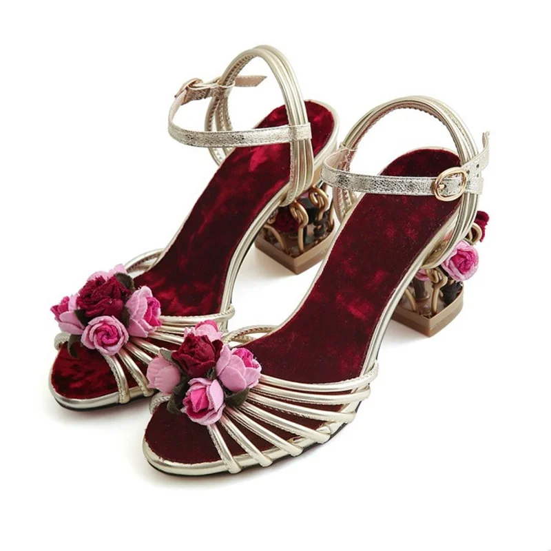 Vintage Flower Birdcage Women Sandals Hollowed High Heel Open Toe Sandal Ankle Strap Pumps Woman Dress Shoes