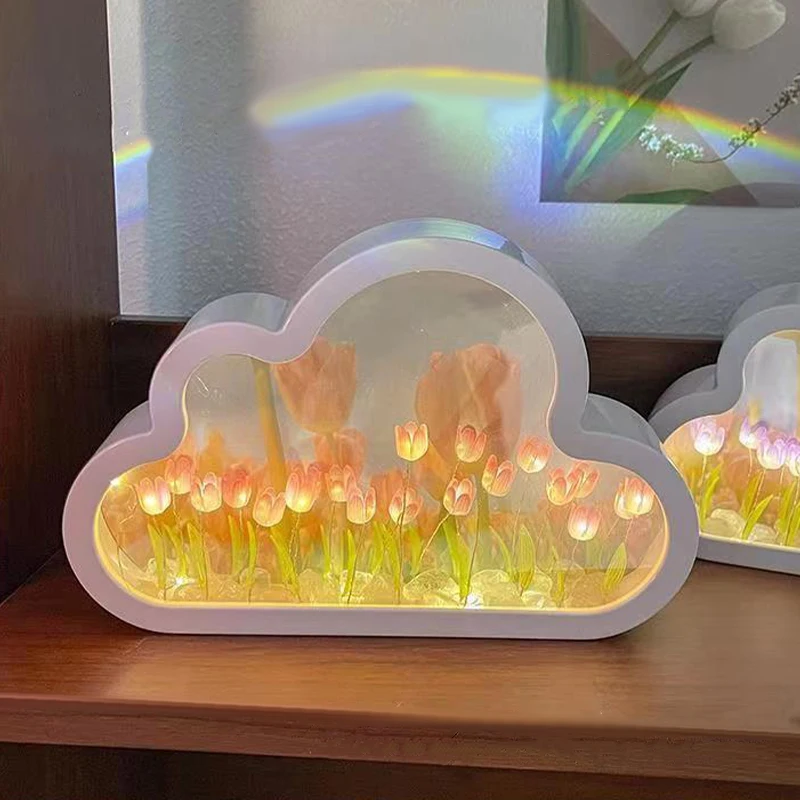 DIY Cloud Tulip LED Night Light Girl Bedroom Ornaments Creative Photo Frame Mirror Table Lamps Bedside Handmade Birthday Gifts