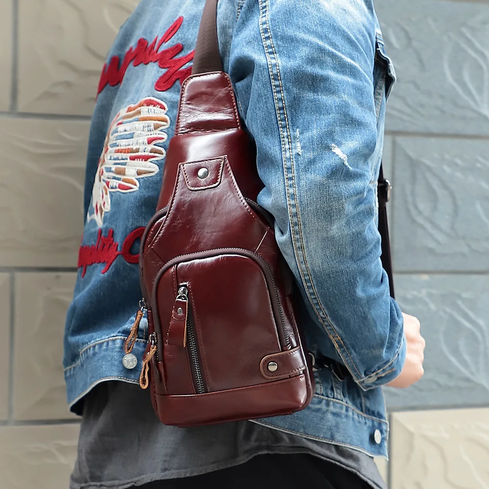 Fashion Cowhide Genuine Leather Waterproof Casual Daypack Sling Shoulder Chest Crossbody Bag for Men Outdoor Hiking Backpack