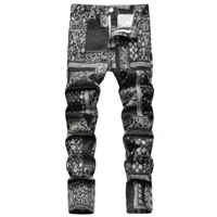 mens jeans streetwear men fashion elastic 3d printed cashew small straight pants full length denim trousers