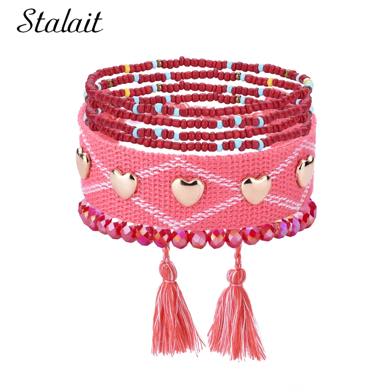 

Boho Handmade Beaded Bracelets Rope Braided Adjustable Bracelets for Women Friendship Heart Rivet Tassel Jewelry