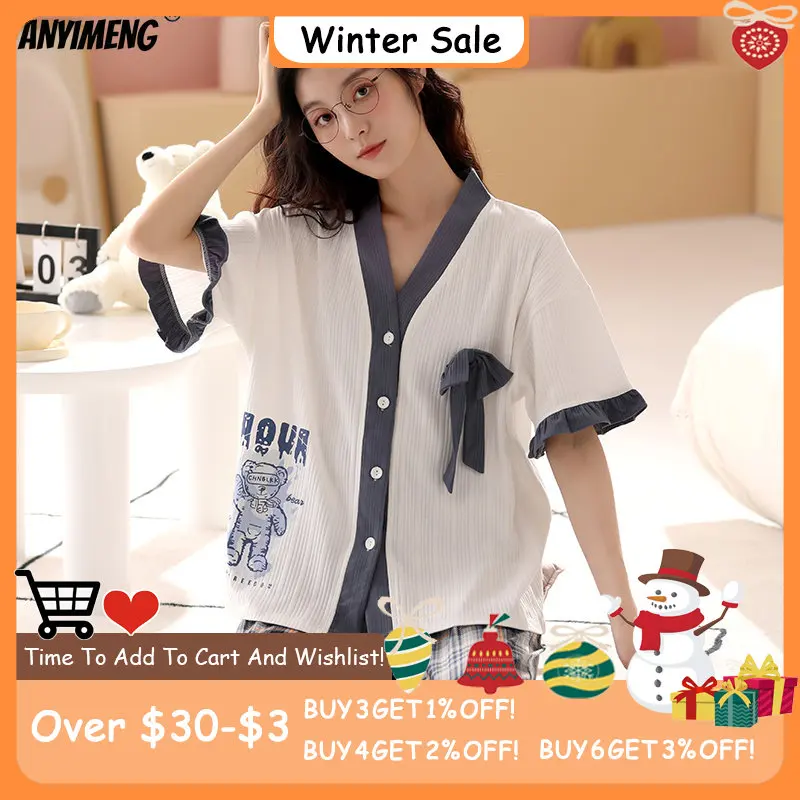 

Новинка, летняя Пижама, женская одежда для сна, клетчатые брюки, трикотажный хлопчатобумажный тонкий кардиган в виде медведя, домашняя одеж...