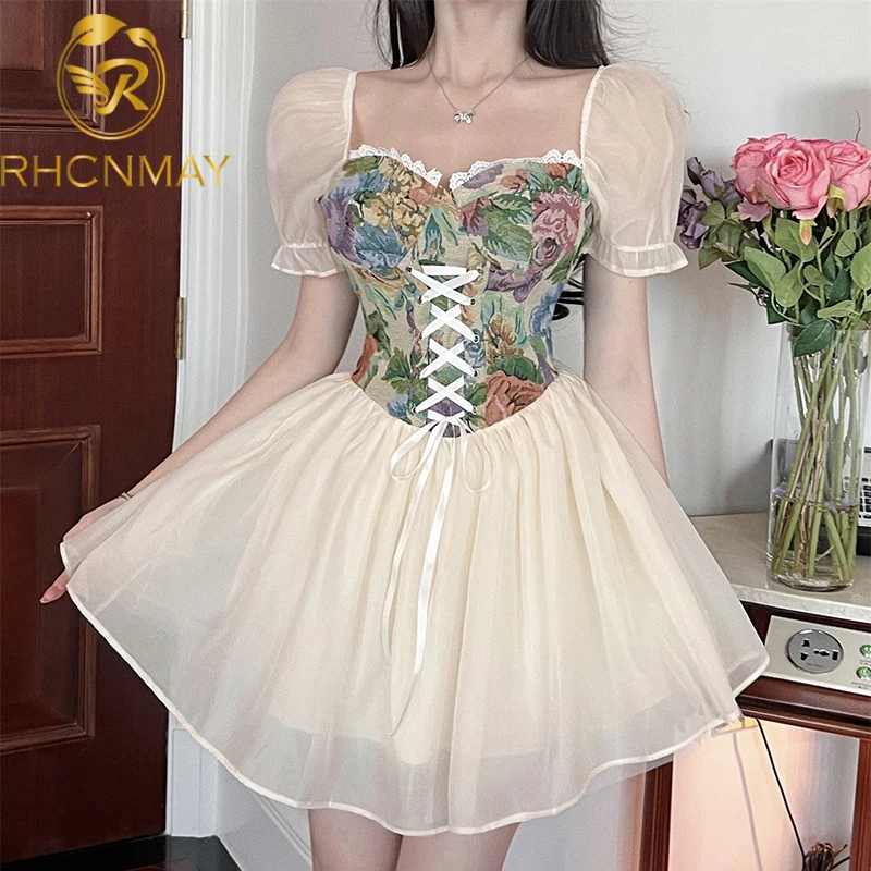 

French England Style Summer Dress Women Clothing Japanese Vintage Printed Princess Dress Woman Patchwork Bandage Ruffles Dresses