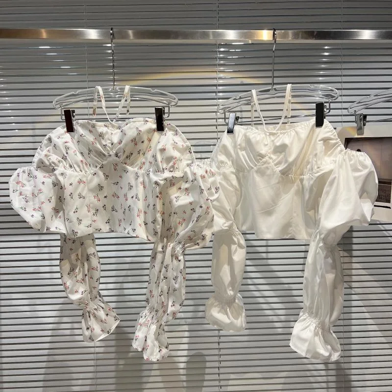 

Bandage Hanging Neck Careful Ruched Bubble Sleeve Shirt White Floral Summer Women Blouse