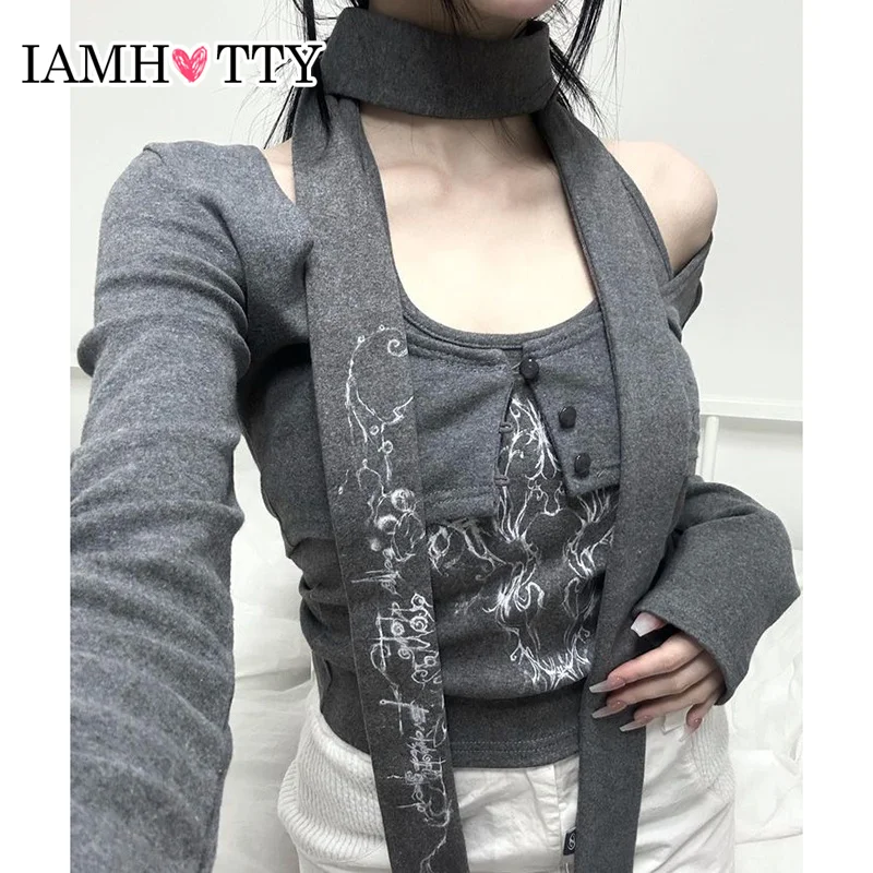 

IAMHOTTY винтажный кардиган с цветочным принтом на пуговицах и короткий топ комплект из двух предметов с шарфом женские шикарные элегантные футболки подходящий костюм