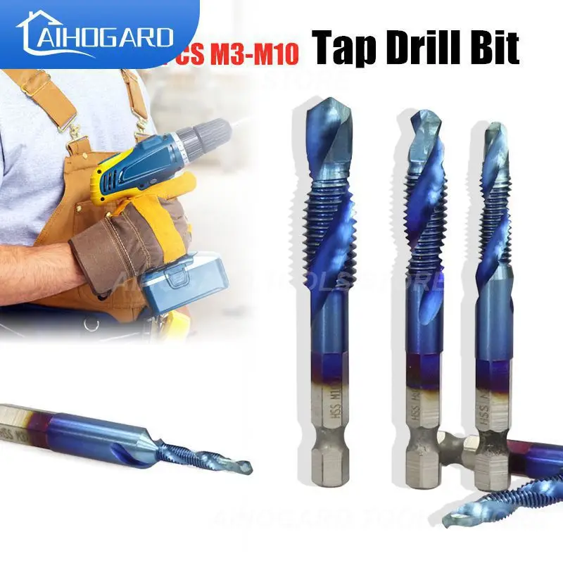 

6Pcs M3-M10 Hand Tools Set HSS Titanium Plated Hex Shank Drilling Tapping Screw Thread Spiral Compound Tap Drill Bit