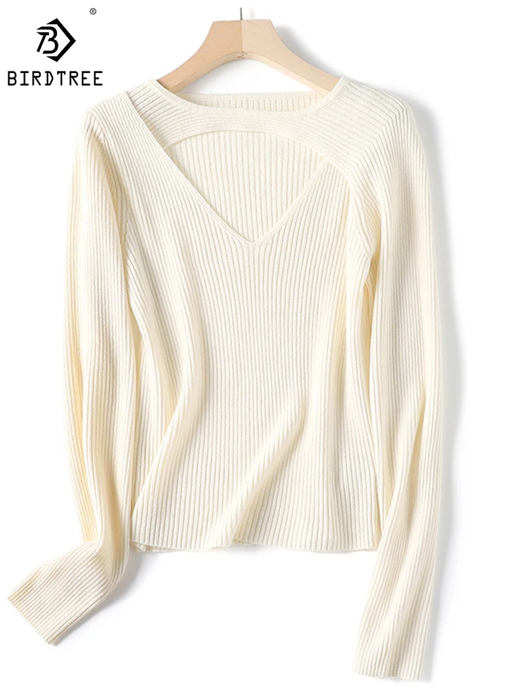 

Женский ажурный свитер с v-образным вырезом Birdtree, повседневный вязаный свитер из двух частей с имитацией пэтчворк, T38707QD