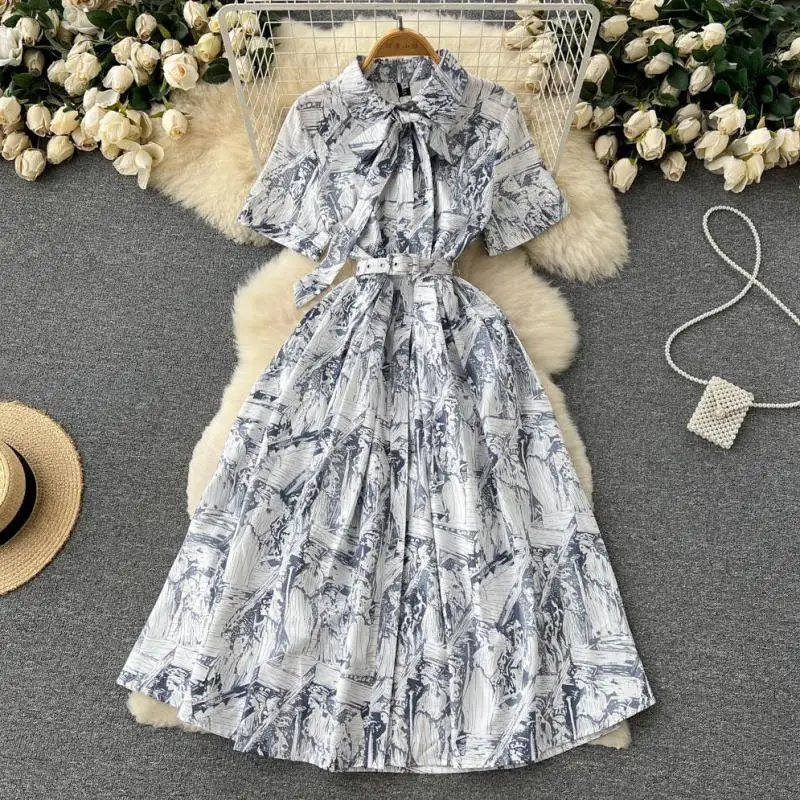 

WEIHAOBANG 2022 Summer Women's New Printed Lapel Single Breasted Lace Up Short Sleeve High Waist Slim Long A-line Skirt