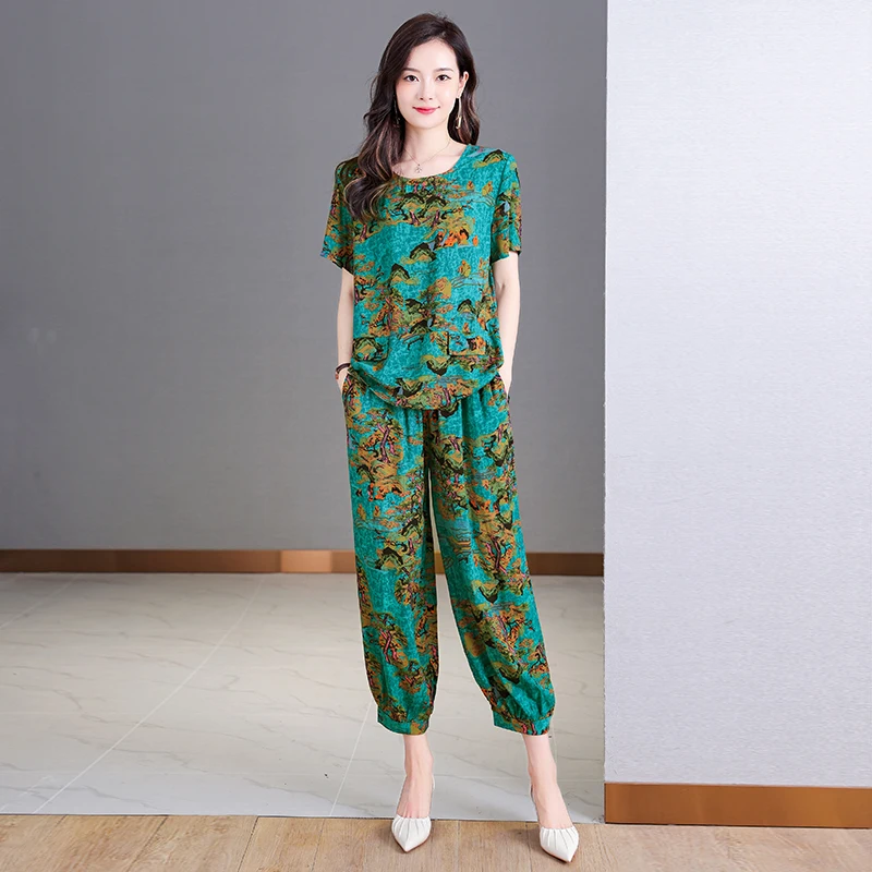 

Beardon Summer Women's Double Slub CottonShort-Sleeved T-Shirt Tops Nine-Point Pants Two-Piece SuIt 2023 New