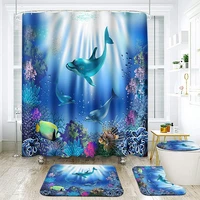 ocean animal dolphin fish waterproof polyester shower curtain bathroom curtains set non slip rug toilet lid cover bath floor mat