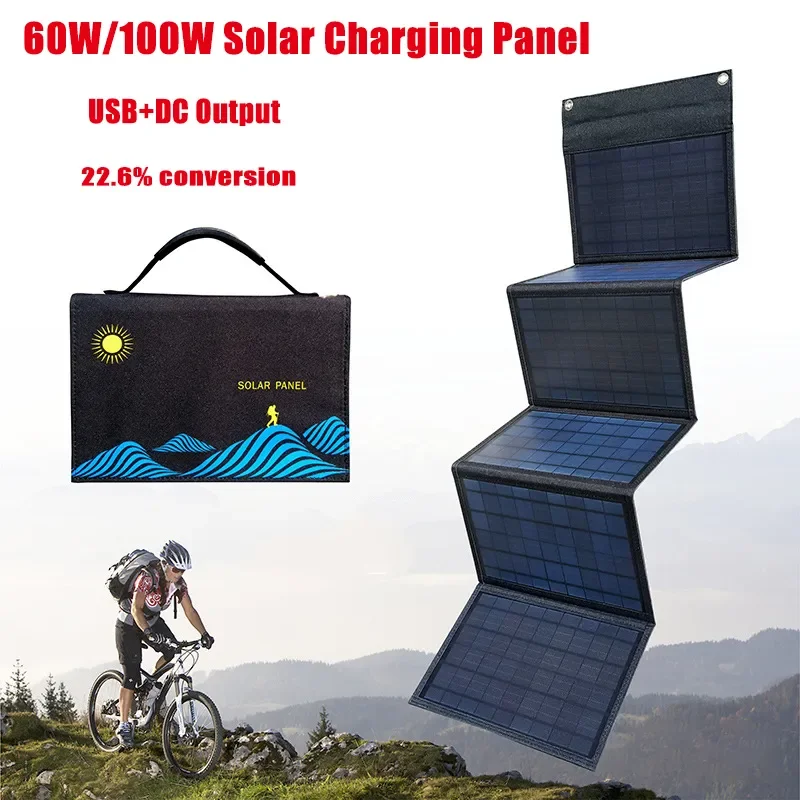 

60W/100W Solar Panel Portable Folding Bag USB+DC Output Solar Charger Outdoor Power Supply for Mobile Phone Power Generator