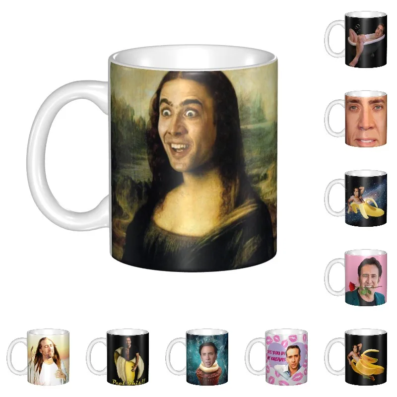 

Personalized Nicolas Cage Mona Lisa Funny Meme Coffee Mug DIY Ceramic Tea Milk Cups Outdoor Work Camping Cup