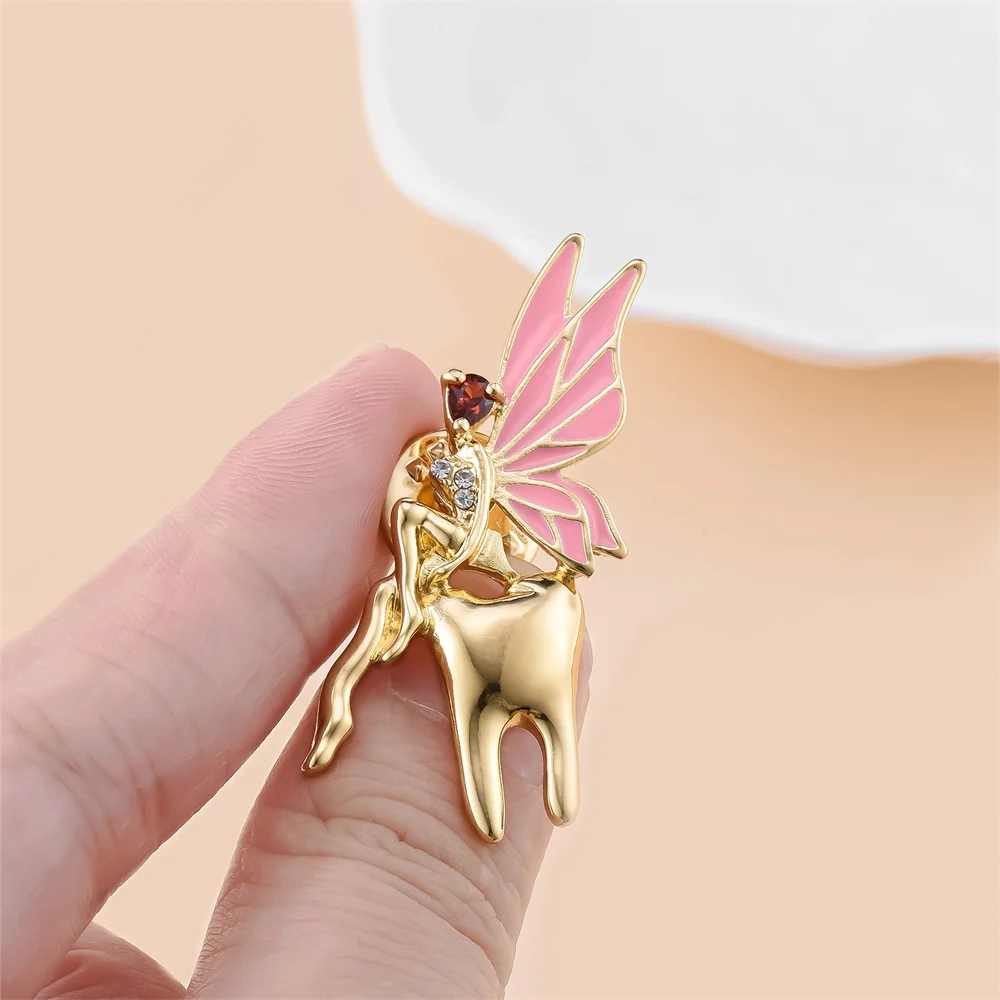 

New Flower Fairy&tooth Enamel Brooch Shining Gold Plated Medical Dentistry Bag Coat Lapel Badge Medical Teacher Student Gift