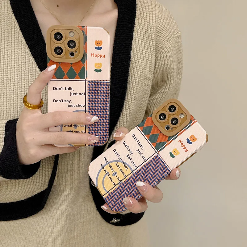 

For iPhone 13 Pro Max Case Gird Flower Smile Lens Protection Case iPhon 11 12 Pro Max X XR XS 7 8 Plus Soft TPU Cover Shockproof