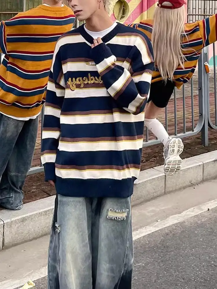 American Fashion Brand Retro Letters Contrast Color Stripe Round neck sweater Men's and Women's Autumn Winter Lazy Loose ...