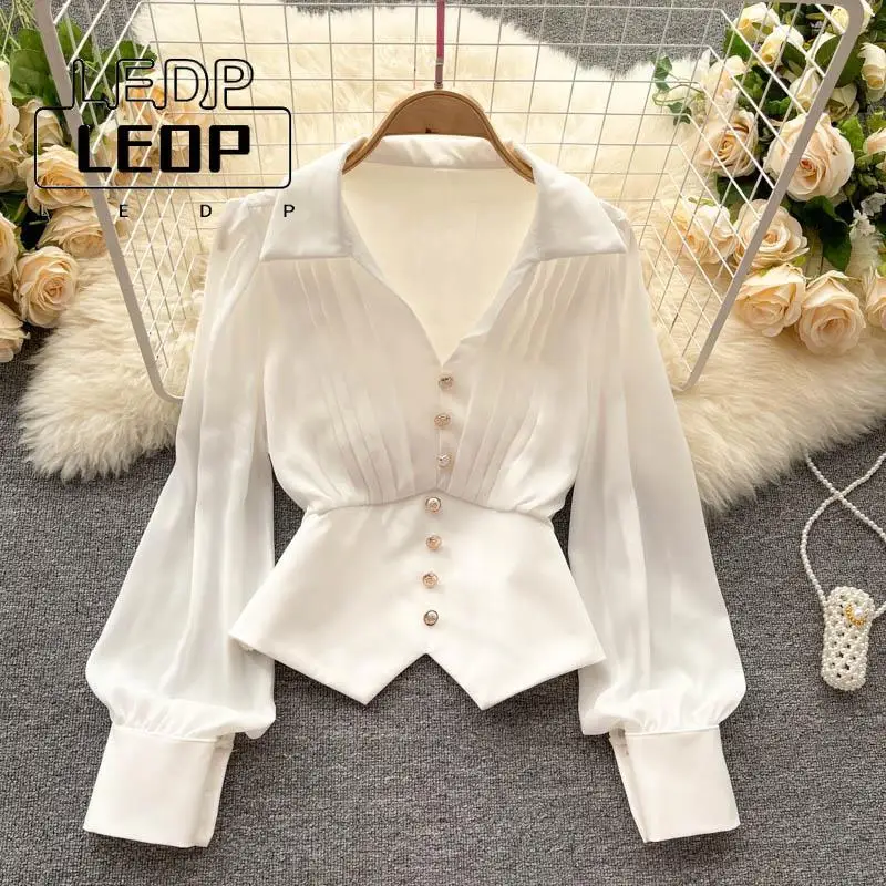 

LEDP Long-sleeved Fashion Top Women's Pleated Short All-match Shirt French Elegant Shirt Office Ladies Clothes Top Shirt Women