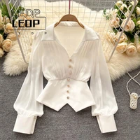 ledp long sleeved fashion top womens pleated short all match shirt french elegant shirt office ladies clothes top shirt women