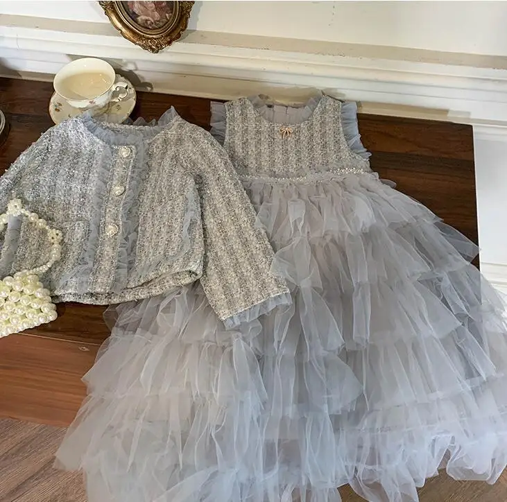 

Retail 2023 New Baby Girls Fall Boutique Elegant Sets Coat + Mesh Vest Tutu Dress Princess Sweet Suits 6-12T