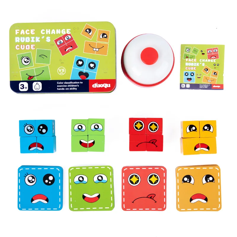 

game board game pie face Building Blocks Iron box Set Wooden Face-changing Cube Portable Board Game for Kids Table Game Montesso