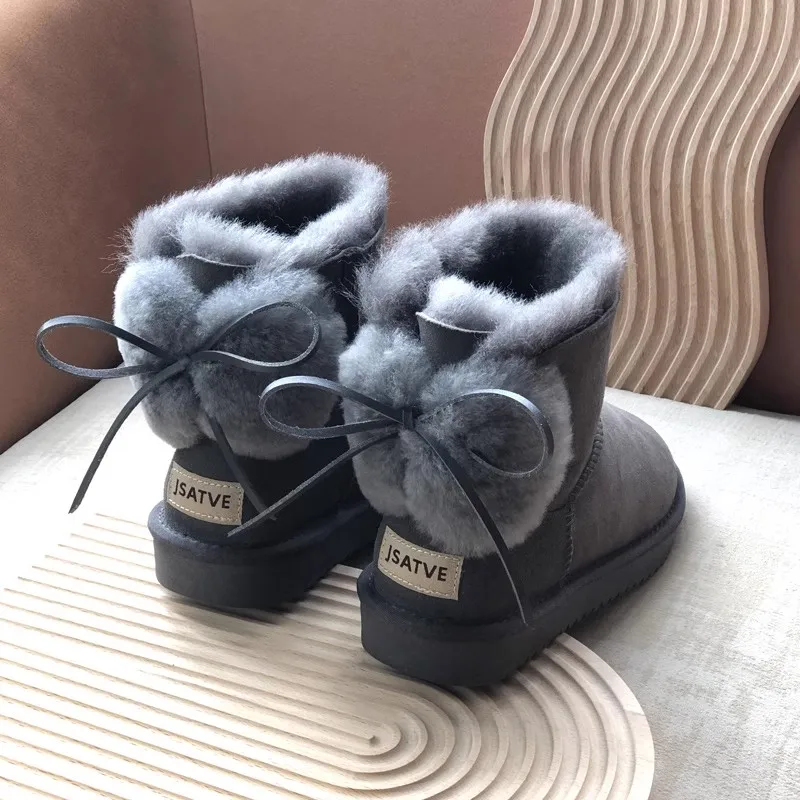 Женские ботинки высокого качества зимние сапоги с милым бантом из натуральной