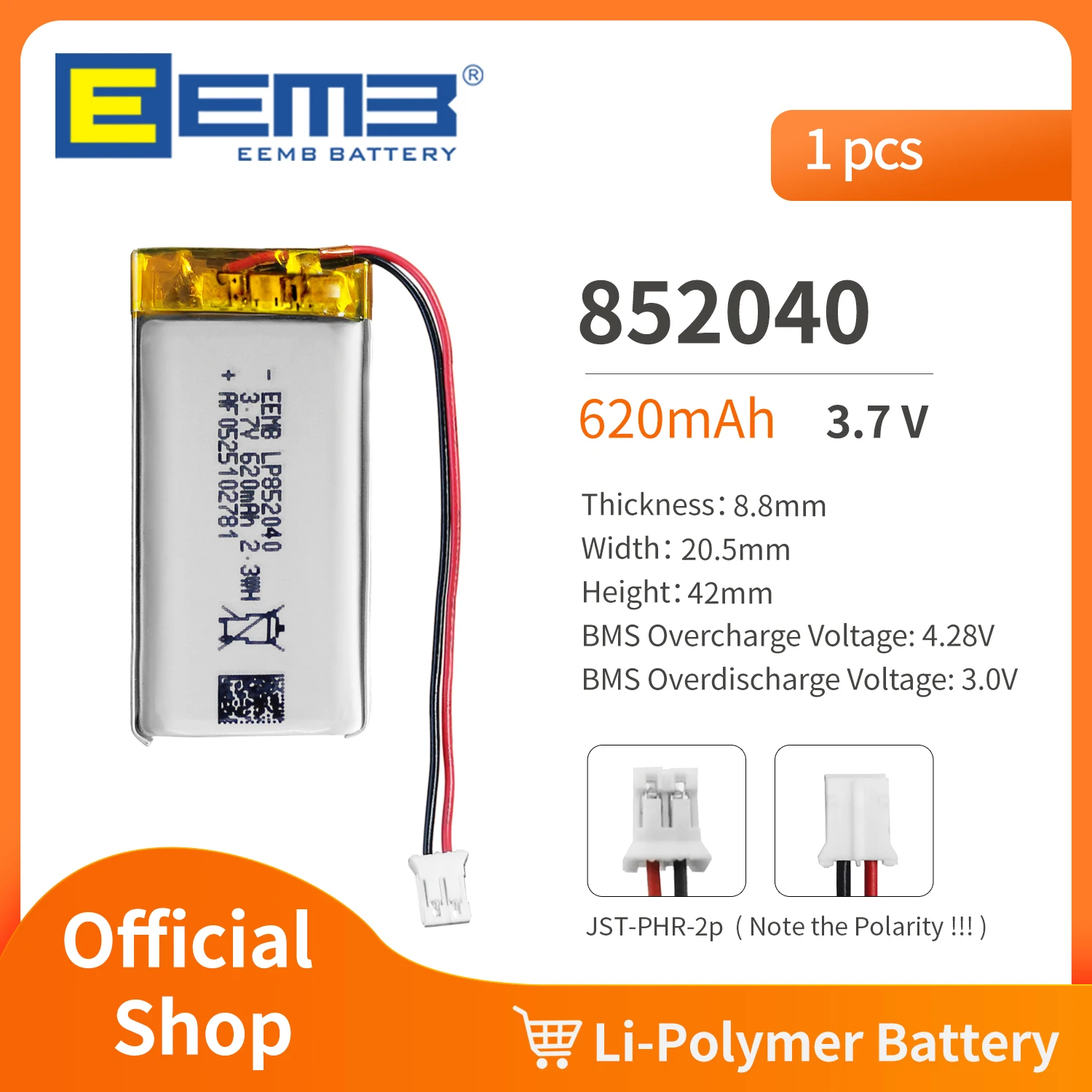 

Аккумулятор EEMB 852040, 3,7 в, 950 мАч, литий-полимерный аккумулятор для видеорегистратора, фонарика, Bluetooth-динамика, GPS-навигатора, камеры