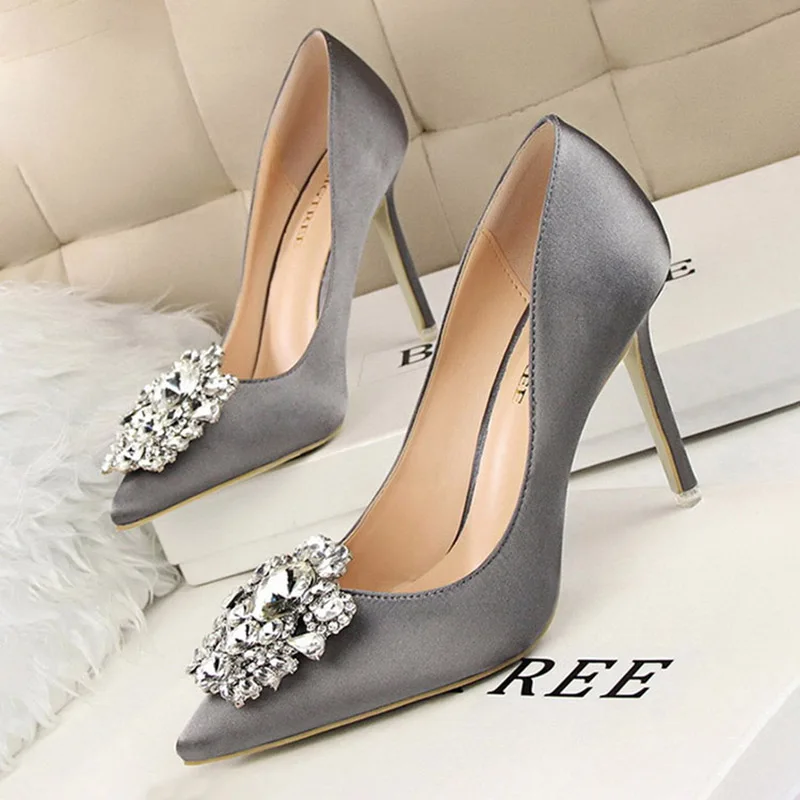 CINESSD Silver Gray Black Women Bridal Wedding Shoes Faux Silk Satin Rhinestone Crystal Shallow Woman Pumps Stiletto High Heel