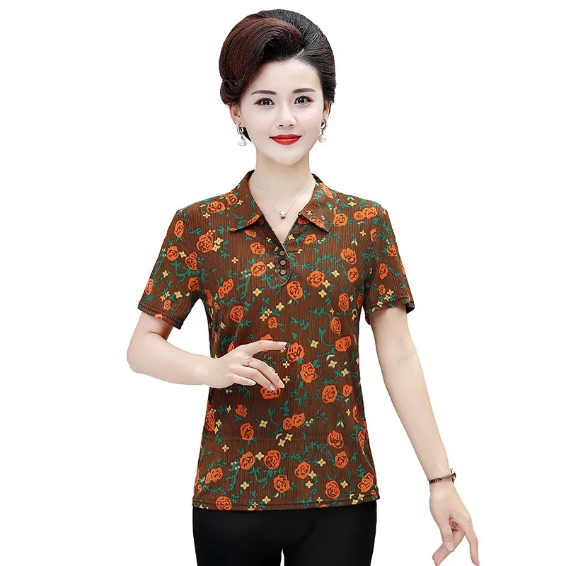 

Women Blouse Mother Loaded Summer Dress 2023 New Noble T-shirt Middle-aged Womens Printing Short-sleeved Shirt Collar Shirt