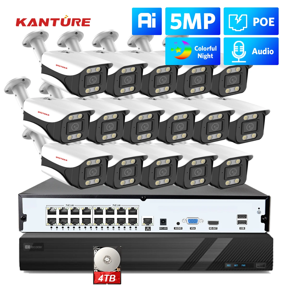

Камера видеонаблюдения KANTURE H.265 + 16CH 4K HDMI NVR kit Ai 5MP POE Audio, водонепроницаемая IP-камера безопасности, цветная система ночного видеонаблюдения