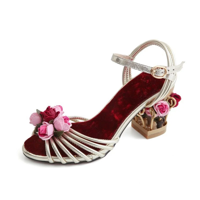 Vintage Flower Birdcage Women Sandals Hollowed High Heel Open Toe Sandal Ankle Strap Pumps Woman Dress Shoes