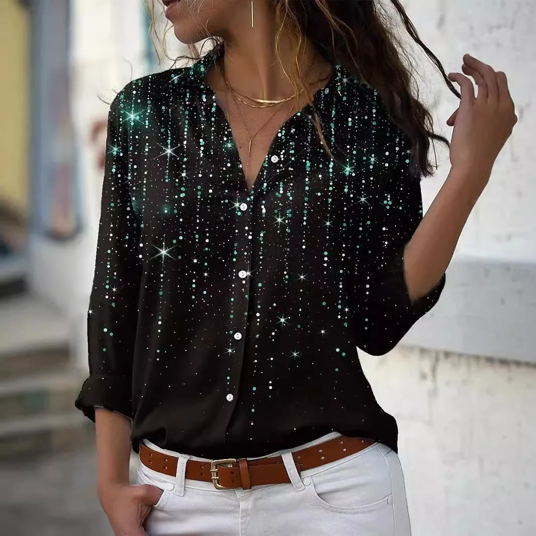 Женская рубашка с длинным рукавом Свободная Повседневная блестками и 3D-принтом в