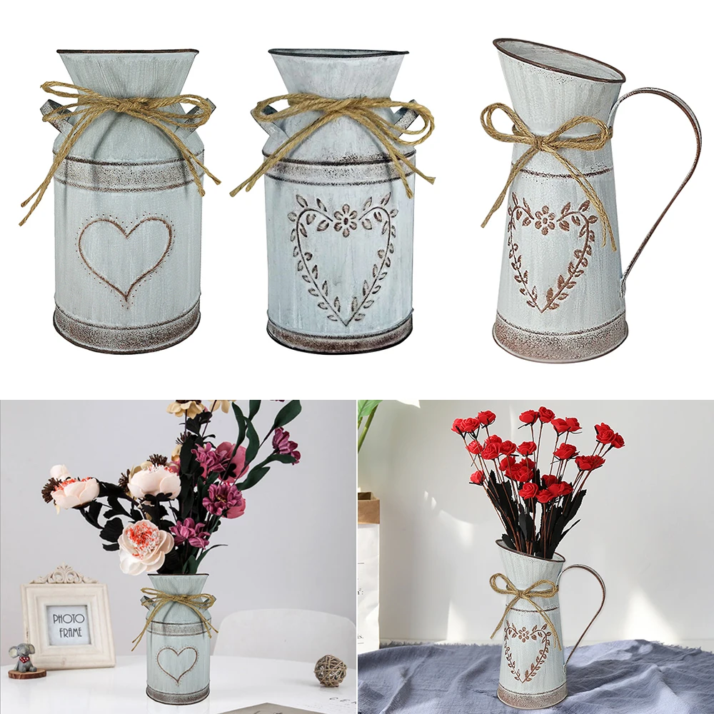 

Retro Garden Metal Flower Vases Wedding Artificial Flowers Bucket Barrel Holder Shabby Chic Country Style Vintage Jug Can Craft