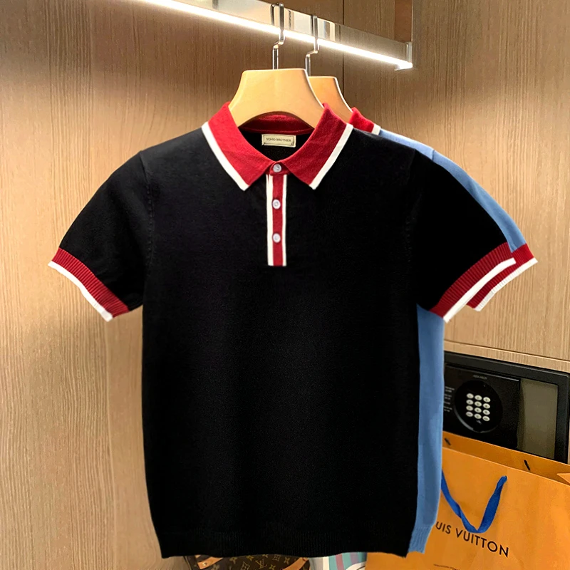 

Turn-down Collar Short 2022 Brand Summer Polo Shirts Men Clothing Neck Sleeve British Knit Casual Buttons Solid Color Tops C47