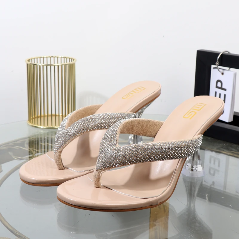 flip-flops 2023 new summer high-heeled rhinestone toe-clip slippers Transparent thin-heeled solid-color heeles shoes 8CM