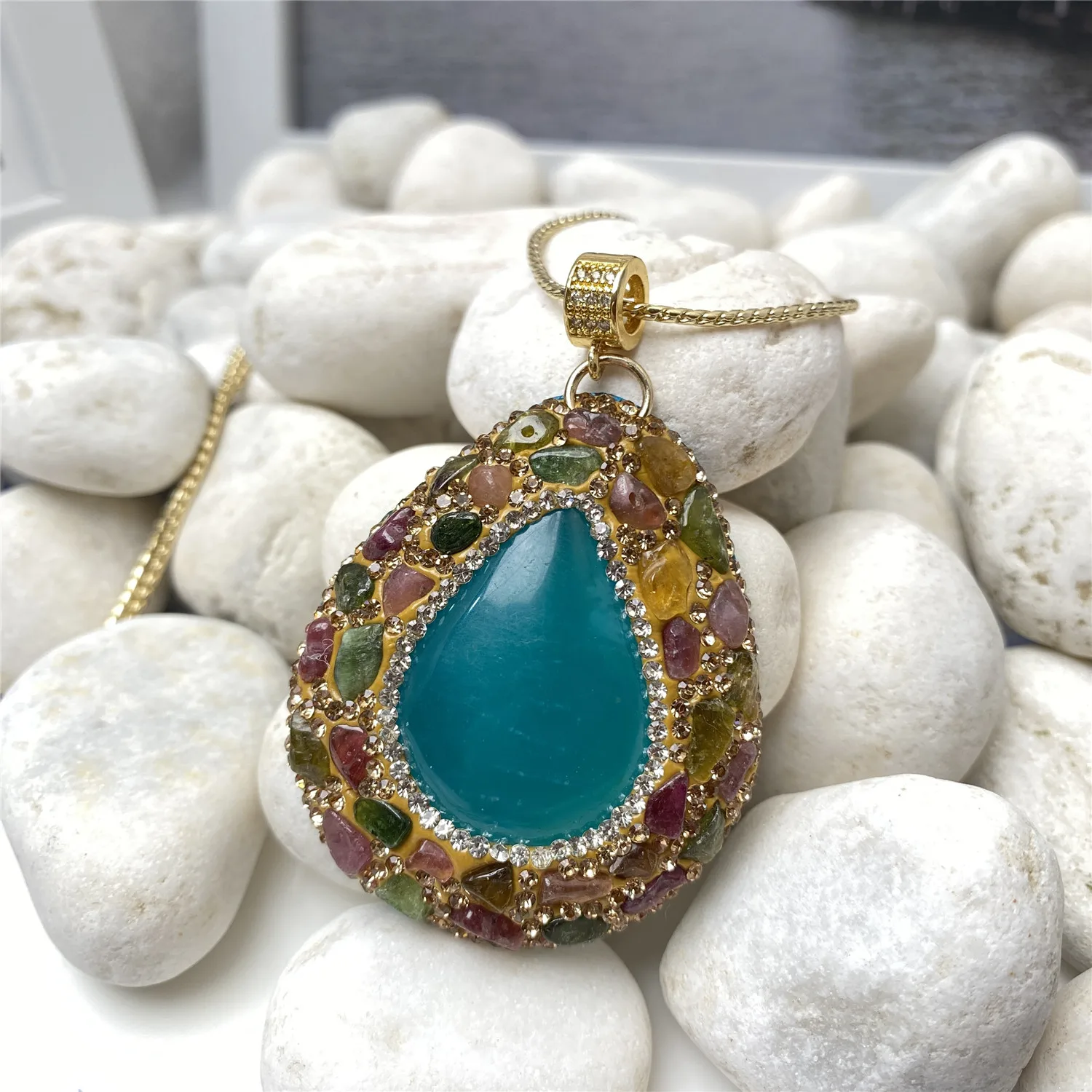 Natural ice amazonite tourmaline rhinestone pendant ladies personalized necklace jewelry