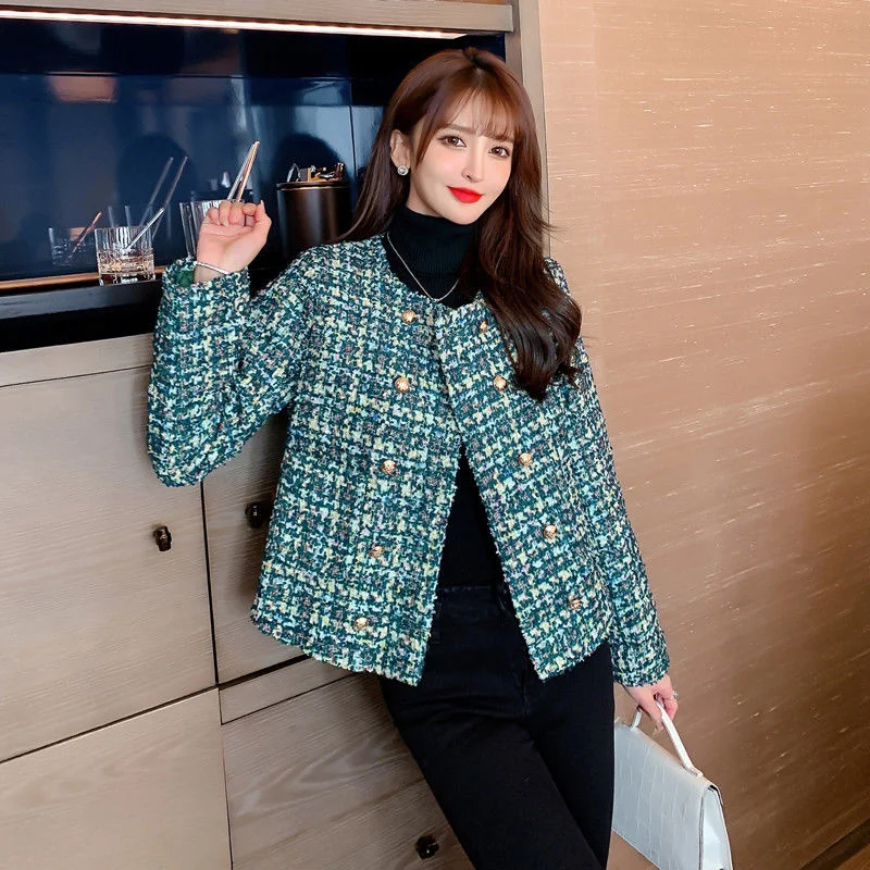 

High Quality French Vintage Small Fragrance Tweed Jacket Coat Women's Spring Casual Channel Style Za Suit Cropped Plaid Tops