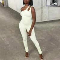 2022 sexy women jumpsuit solid color sleeveless skinny hollow out one shoulder romper clubwear clothes streetwear