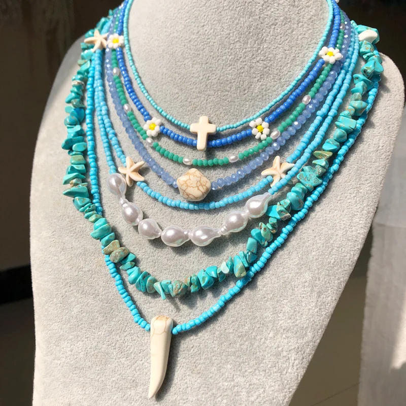 

Fashion Handmade Turquoise Beaded Pendant Necklace Pearl Flower Charm Clavicle Chain Cross Chokers Necklace Jewelry for Women