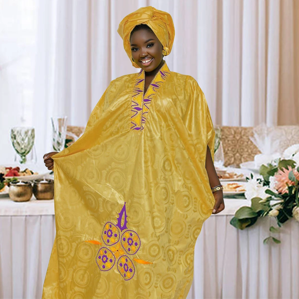 African Dress For Woman Bazin Riche Embroidery Design Floor Length With Scarf | Africa Clothing