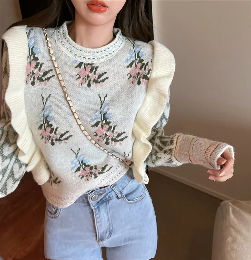 

Women New Fashion Floral Short Sweater Knitwear Fashion Color Contrast Ruffled Knitted Top Loose Chic Pullover Bottoming Shirt