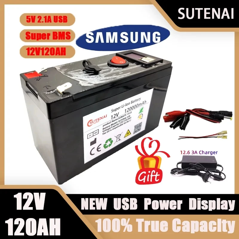 

Nueva batería portátil de 12V 120000MAh y recargable 18650, puerto de carga de pantalla de alimentación USB de 5V 2.1A incorpora