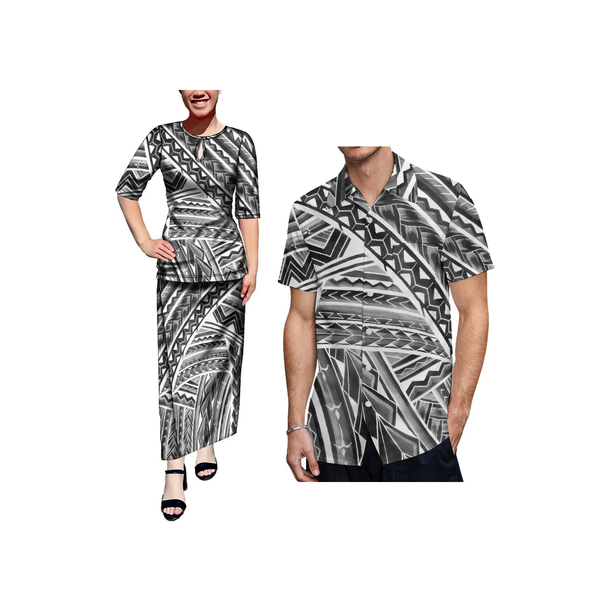Фото New Water Drop Design Round Neck Casual Dress Custom Samoan Puletasi Dress Ladies Long Maxi 2 Piece Skirt Set Dress №4