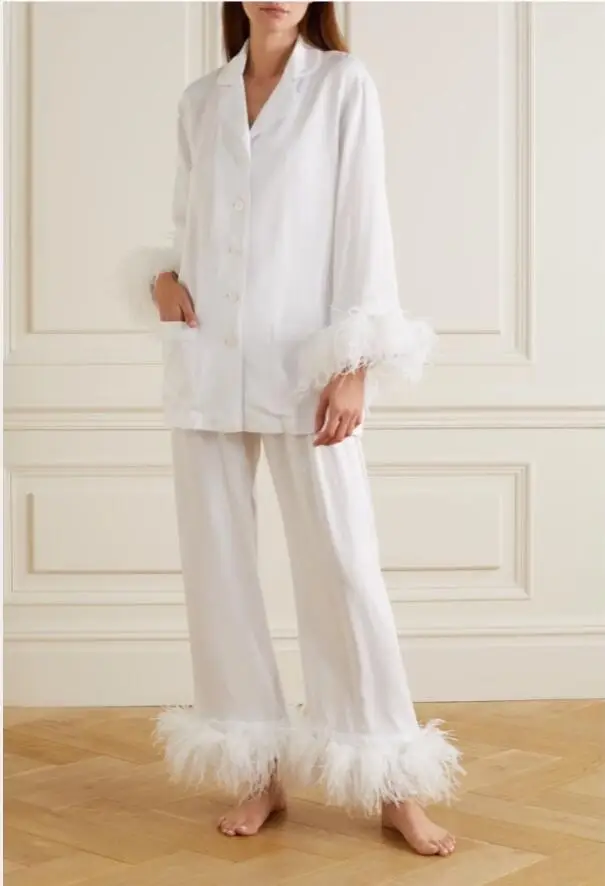 Woman Fashion Cotton Pajamas Two-piece Suit Light Luxury Ostrich Feather Nightwear Pijama Set